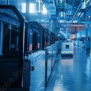 Assembly and Manufacturing. Wide Shot Inside Advanced Semiconductor Production Fab Cleanroom. Automated Robots are Transporting Wafers between Machines 293x293