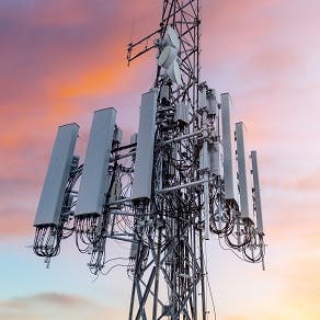 5G cell tower at sunset. Close up photo cellular antennas on a cell site radio mast wireless 292x292